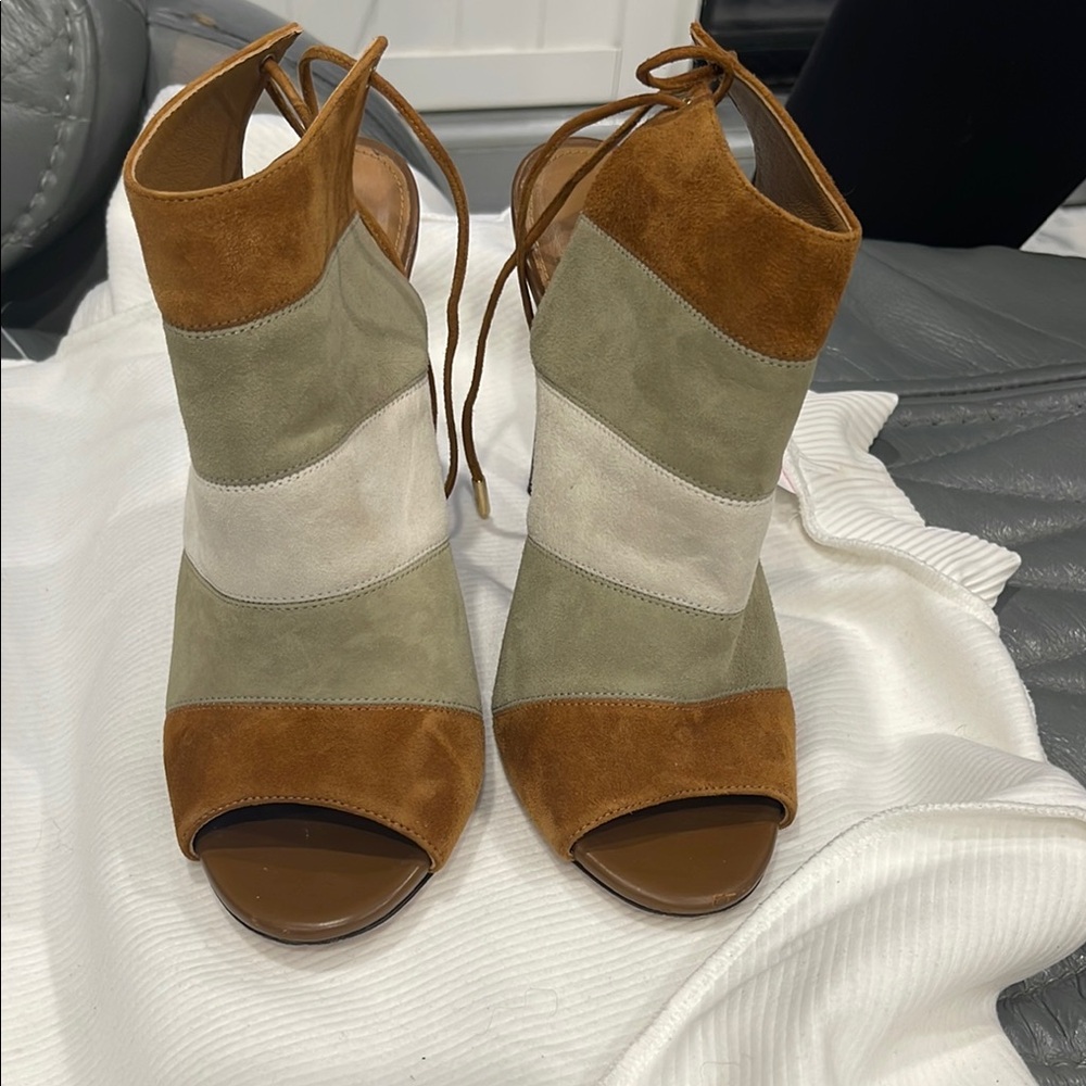 Aquazzura Green and Brown Heels with Lace-Up Detail